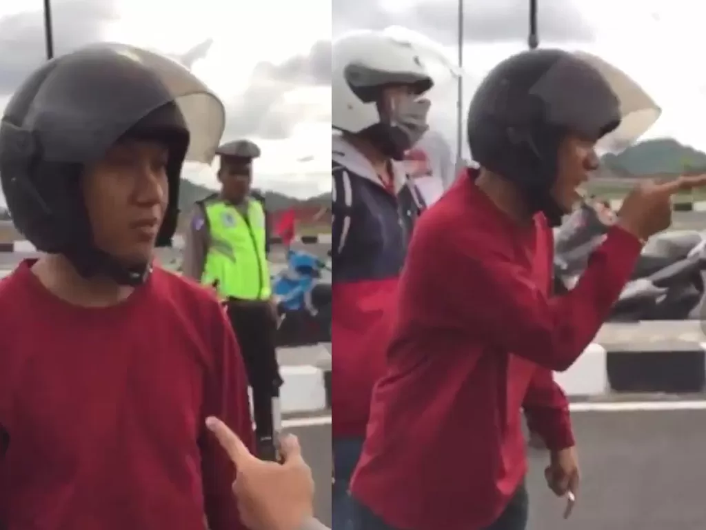 Seorang pengendara motor yang membela dirinya agar tak ditilang. (photo/Twitter/@kantayu)