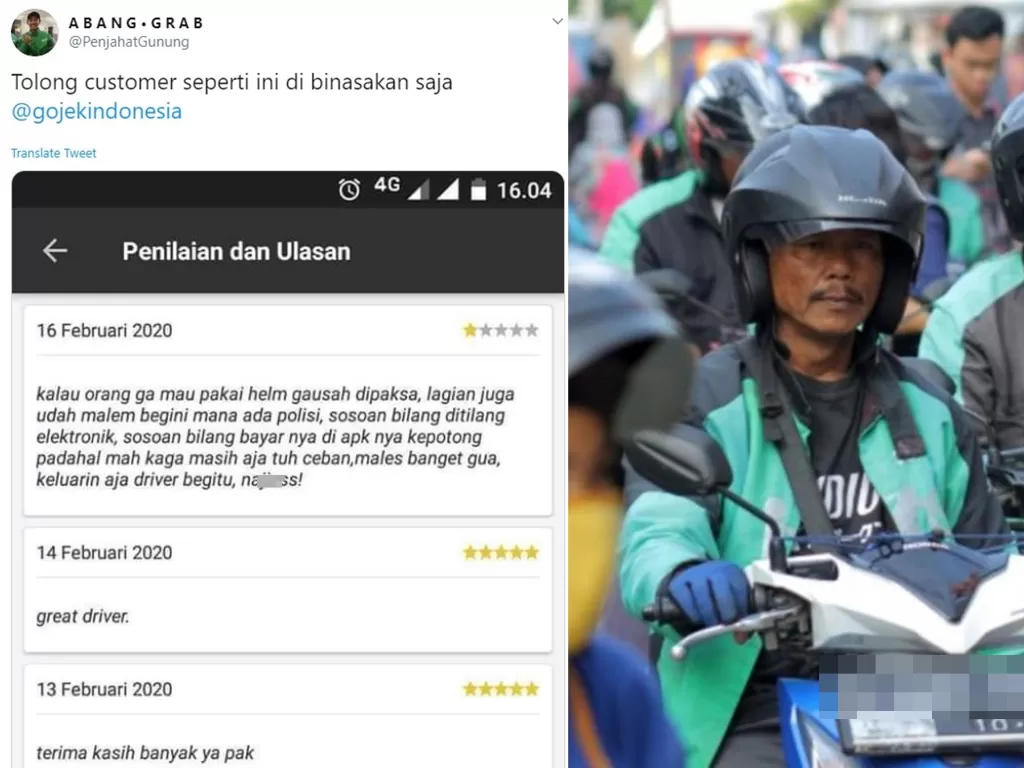 Kiri: ulasan dari customer yang diminta pakai helm (Twitter/@PenjahatGunung) / Kanan: Ilustrasi driver ojol (ANTARA/Yulius Satria Wijaya)