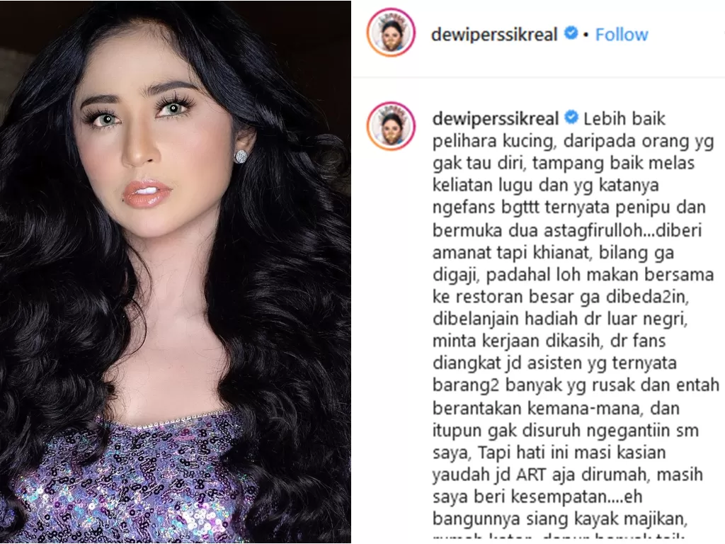 Kiri: Dewi Perssik. Kanan: Unggahan kekesalan Dewi Perssik (Instagram/@dewiperssikreal)