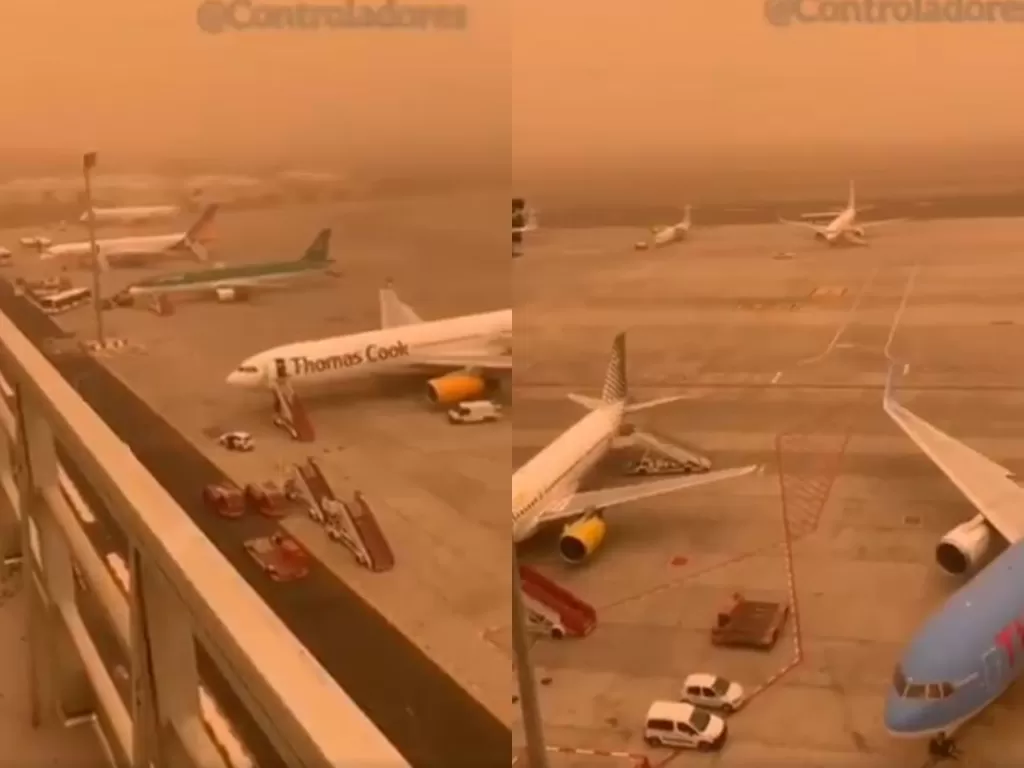Bandara di Pulau Canary yang tertutup oleh badai debu ekstrem. (Tangkapan layar/Twitter)