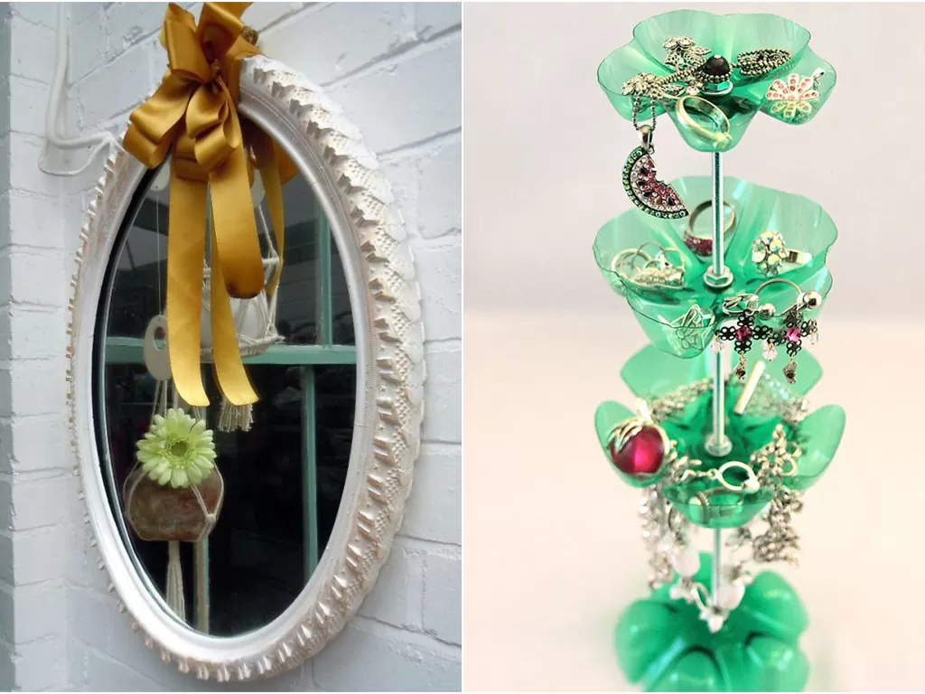 Kiri: Bingkai cermin dari ban motor bekas (winkgo.com). Kanan: Tempat perhiasan dari botol bekas (exploretrending.com)