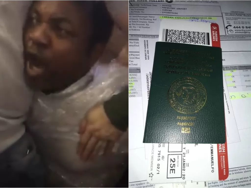 Kiri: Emmnuel saat terbungkus plastik (screenshoot/Twitter/@abelamundala). Kanan: Visa milik Emmanuel (france24.com)