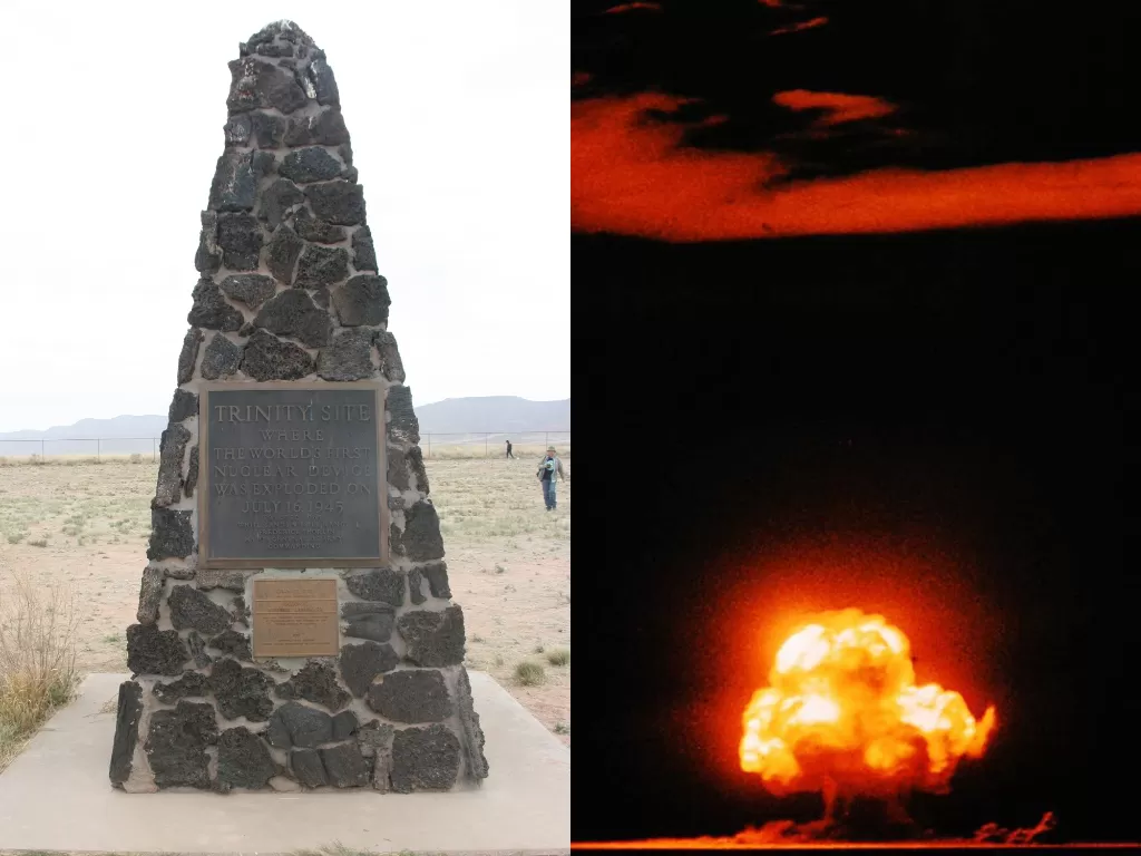 Tugu yang dibangun di kawasan trinity (kiri) dan  awan jamur yang terbentuk dari ledakan percobaan bom atom (kanan). (wikipedia.org/Flickr/Andrew Hersey)