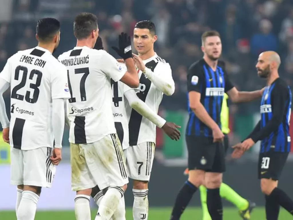 Juventus merayakan kemenangan atas Inter Milan di Derby d'Italia. (REUTERS/Massimo Pinca)