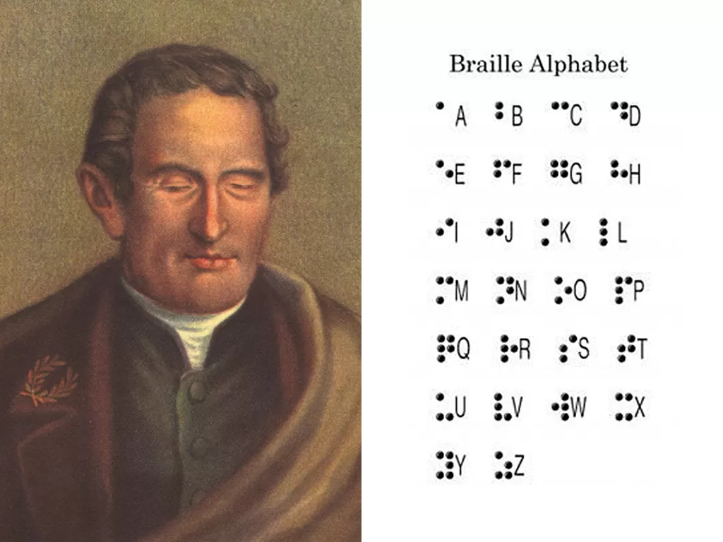 Louis Braille (kiri) dan huruf braille (kanan). (braillebug.org/worldbraillefoundation.com)