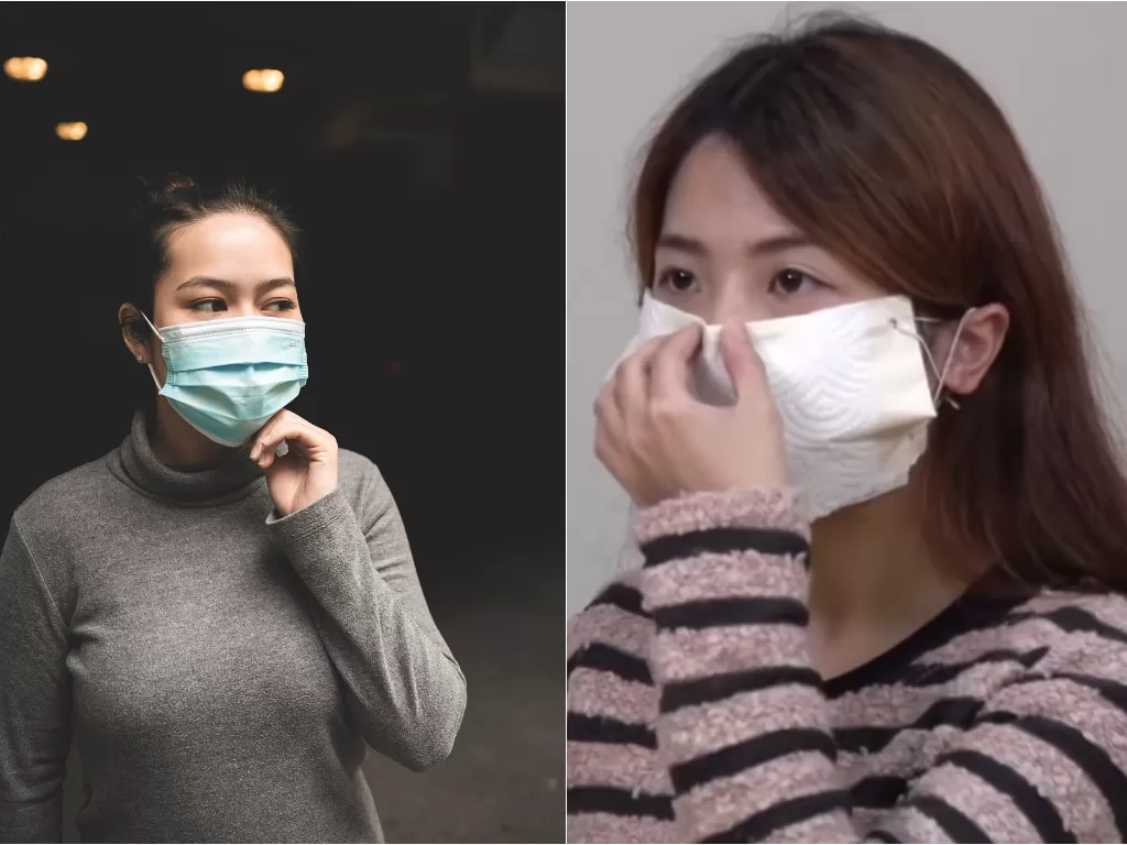 Kiri: Orang memakai masker (unsplash/Michael Amadeus). Kanan: Orang memakai masker buatan sendiri (screenshoot/YouTube/ South China Morning Post)