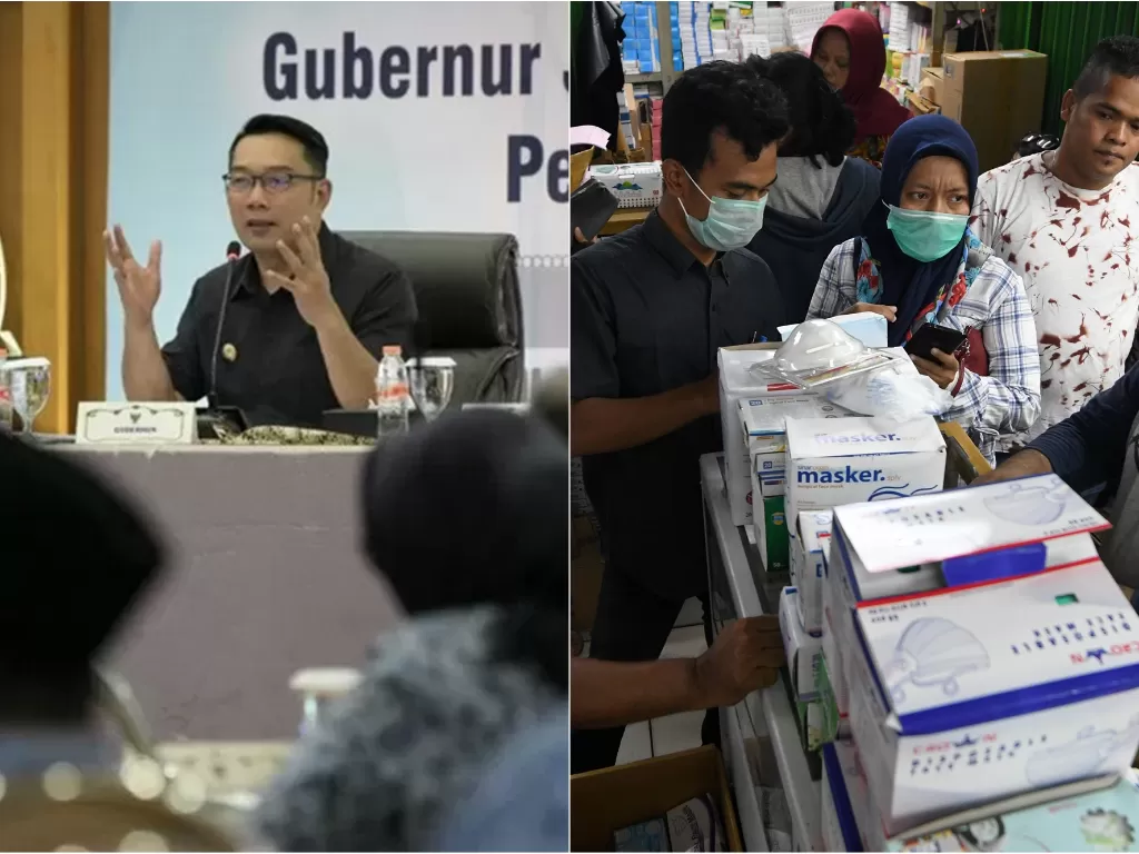Kiri: Gubernur Jawa Barat (Dok Humas Pemprov Jabar) Kanan: Potret warga membeli masker (ANTARA FOTO/Aditya Pradana Putra)