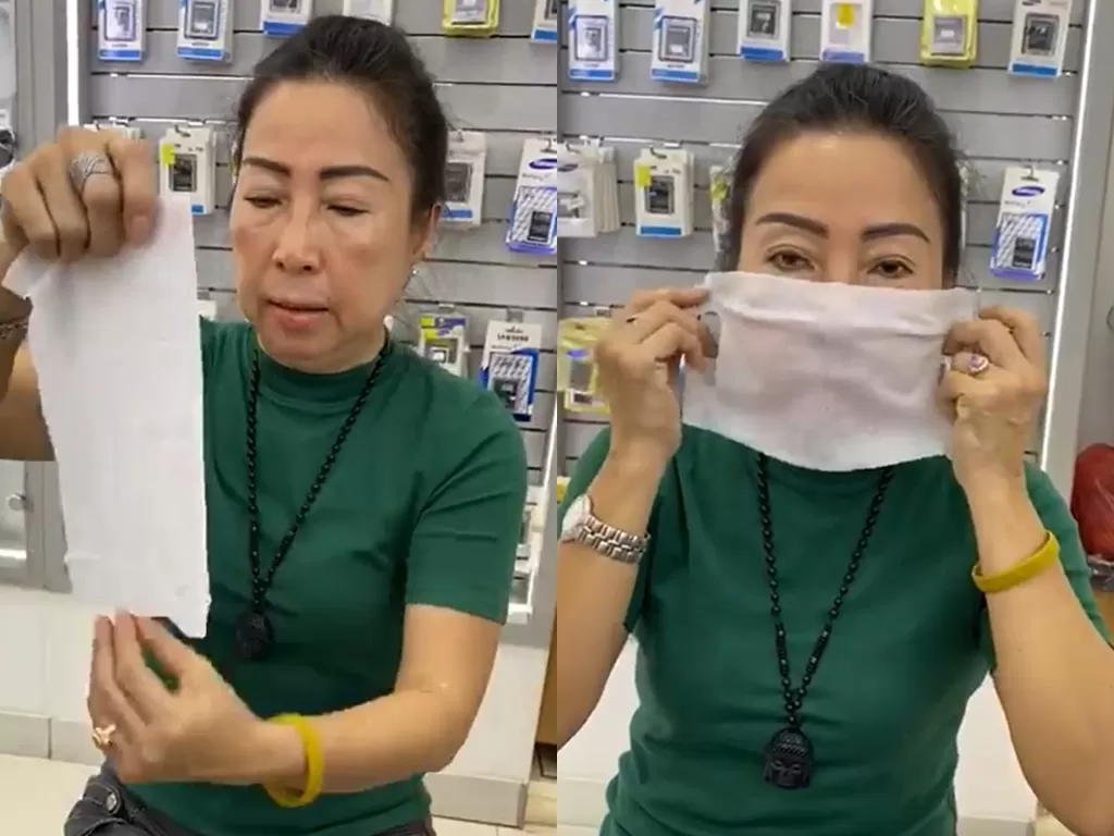 Ibu-ibu manfaatkan tisu basah sebagai masker (Facebook/Tee Nopellianda)