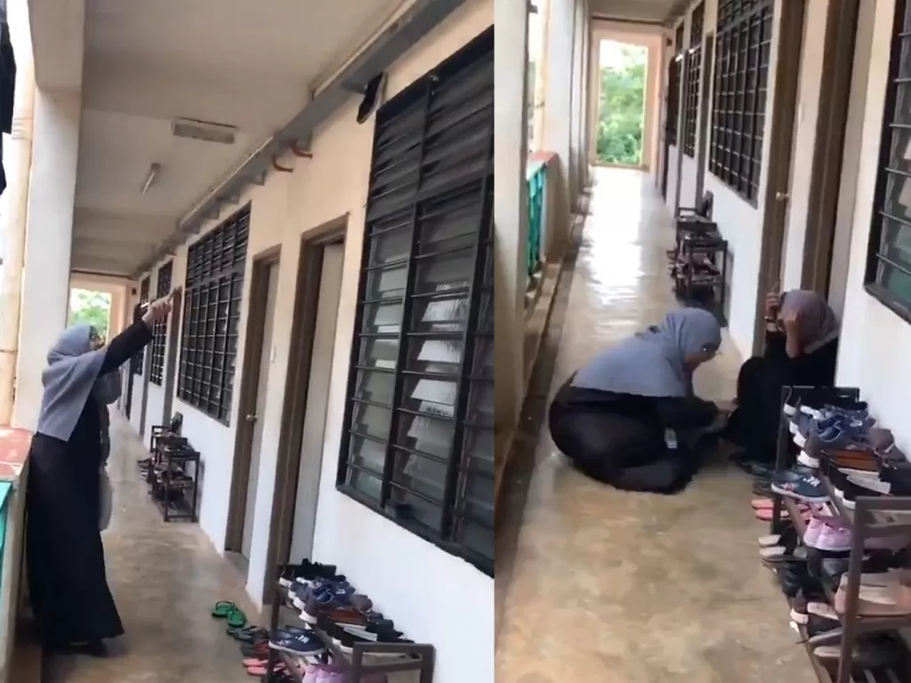 Seorang wanita yang ingin menyelamatkan sepatu temannya, namun sepatu tersebut malah juga ikut menyangkut. (photo/Twitter/@nrhmzhsn)
