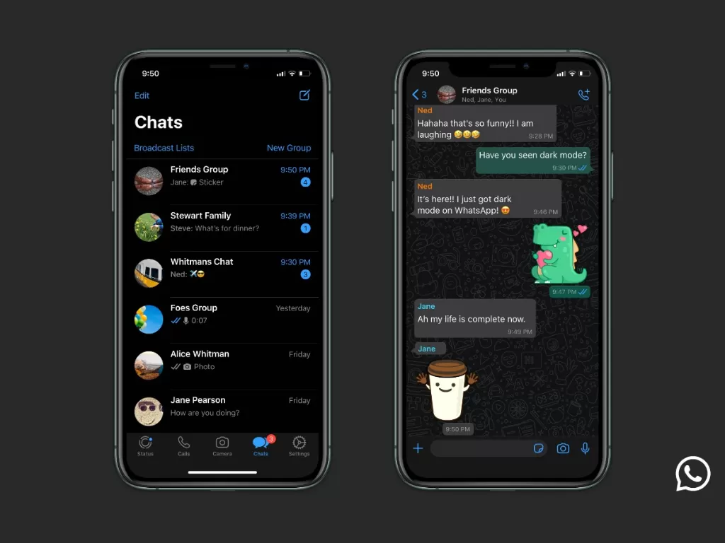 Tampilan dark mode WhatsApp pada iPhone (Dok. WhatsApp)