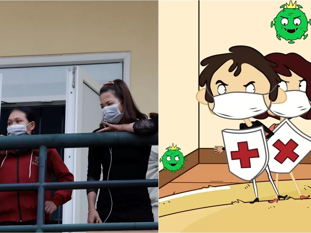 Kiri: Orang Vietnam memakai masker untuk mencegah penyebaran virus corona. (REUTERS/Kham) Kanan: Cuplikan video animasi kampanye virus corona. (screenshoot/YouTube/MIN OFFICIAL)