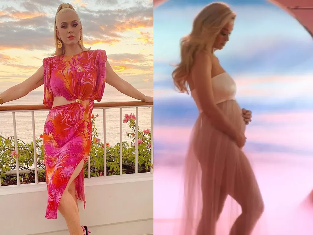 Dalam video klip terbarunya, Katy Pery terlihat hamil yang diisukan anak dari Orlando Bloom. (kiri: Instagram/@katyperry, kanan: Youtube/Katy Perry)
