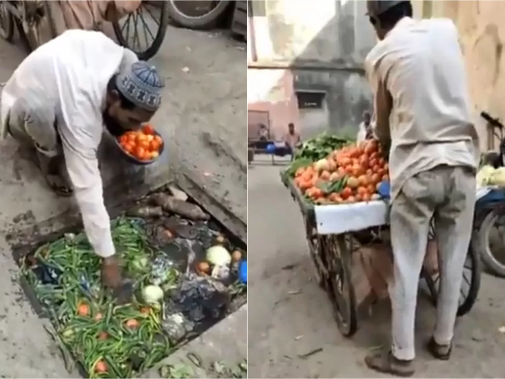 Pria memungut sayuran yang jatuh ke selokan (Screenshot/Twitter)