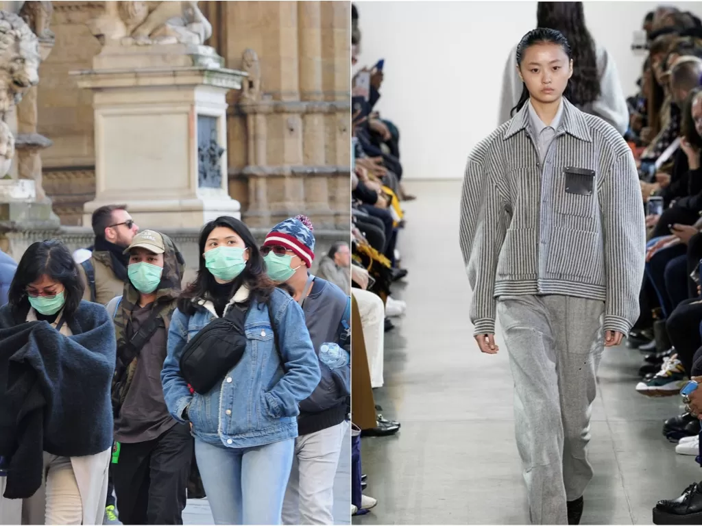 Kiri: Potret warga yang memakai masker untuk mencegah virus corona. (REUTERS/Jennifer Lorenzini). Kanan: Potret model saat berlenggok di acara Shanghai Fashion Week. (Twitter/@Shanghai_FW)