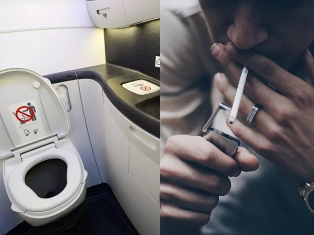 Kiri: Ilustrasi toilet pesawat. (Travelandleisure). / Kanan: Ilustrasi merokok. (Unsplash)