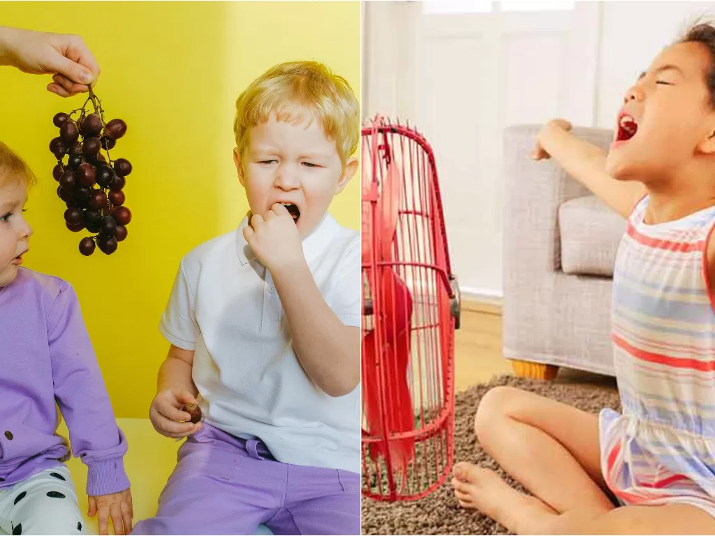 Kiri: Ilustrasi anak makan buah semangka. (pexels/Anna Shvets) Kanan: Ilustrasi anak teriak di depan kipas angin. (HomeServe)