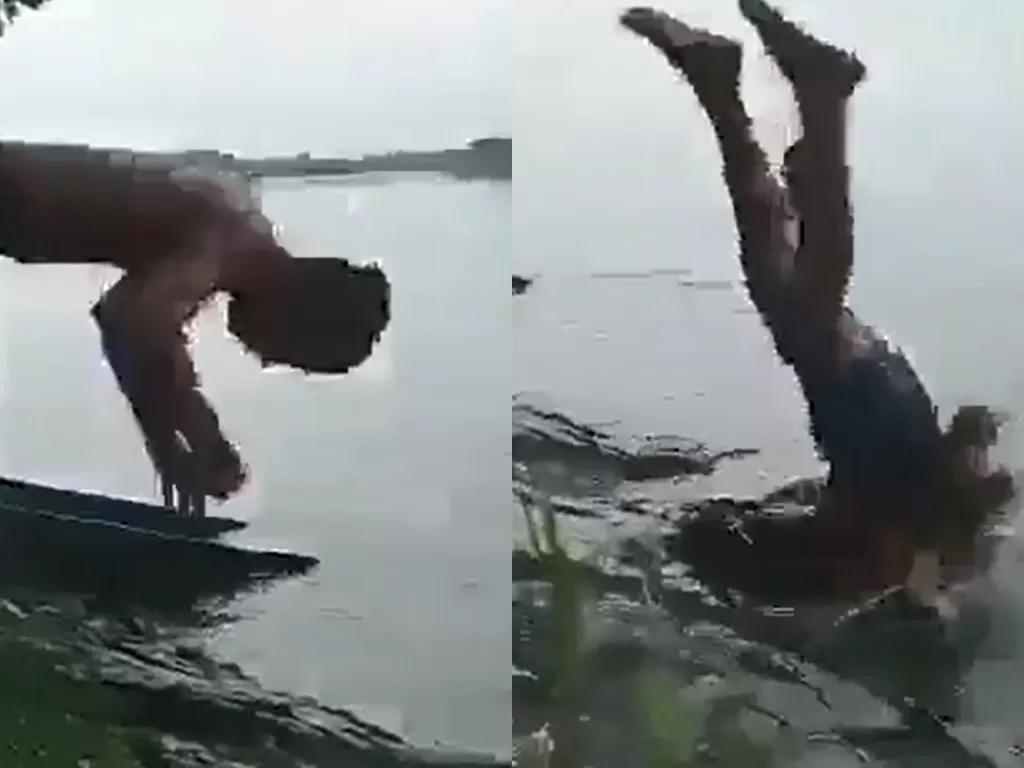 Seorang bocah yang gagal melompah terjun ke sungai. (photo/Twitter/@ReceinAja)