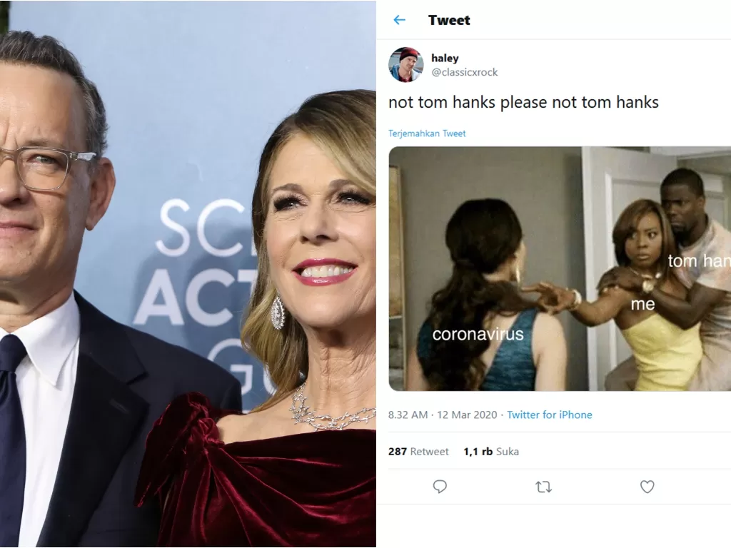 Kiri: Tom Hanks dan istri (REUTERS/Monica Almeida). Kanan: Reaksi kocak netizen (Twitter/@classicxrock)