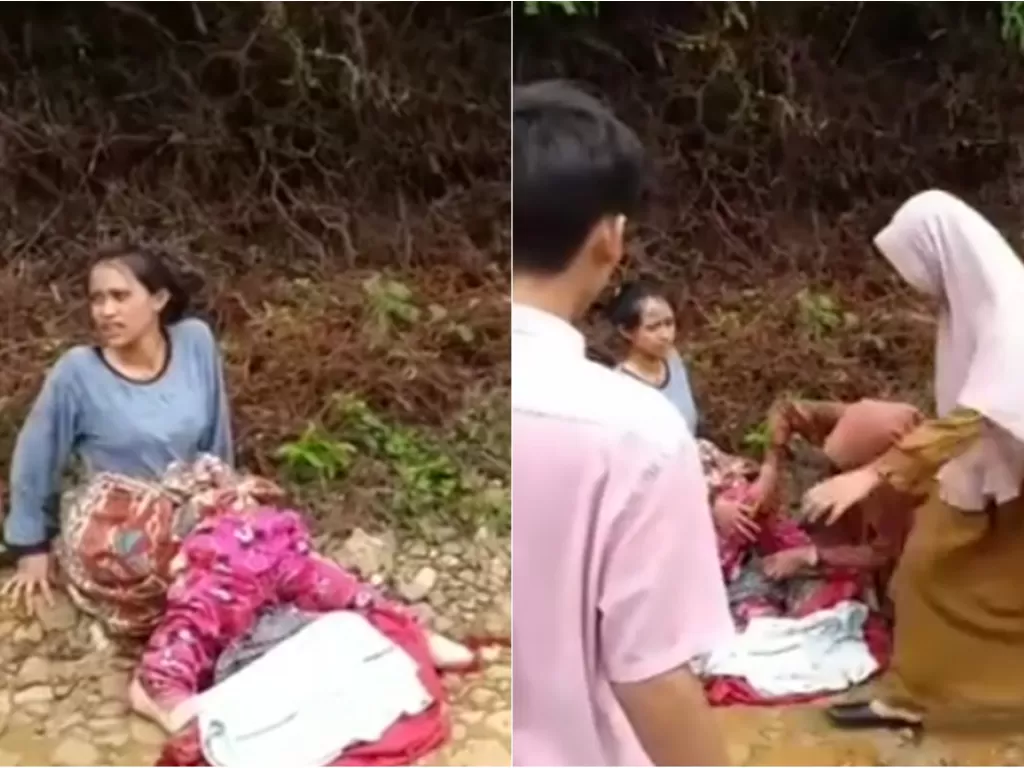 Wanita yang melahirkan di jalanan rusak. (screenshoot/Facebook/Info Rangkasbitung)