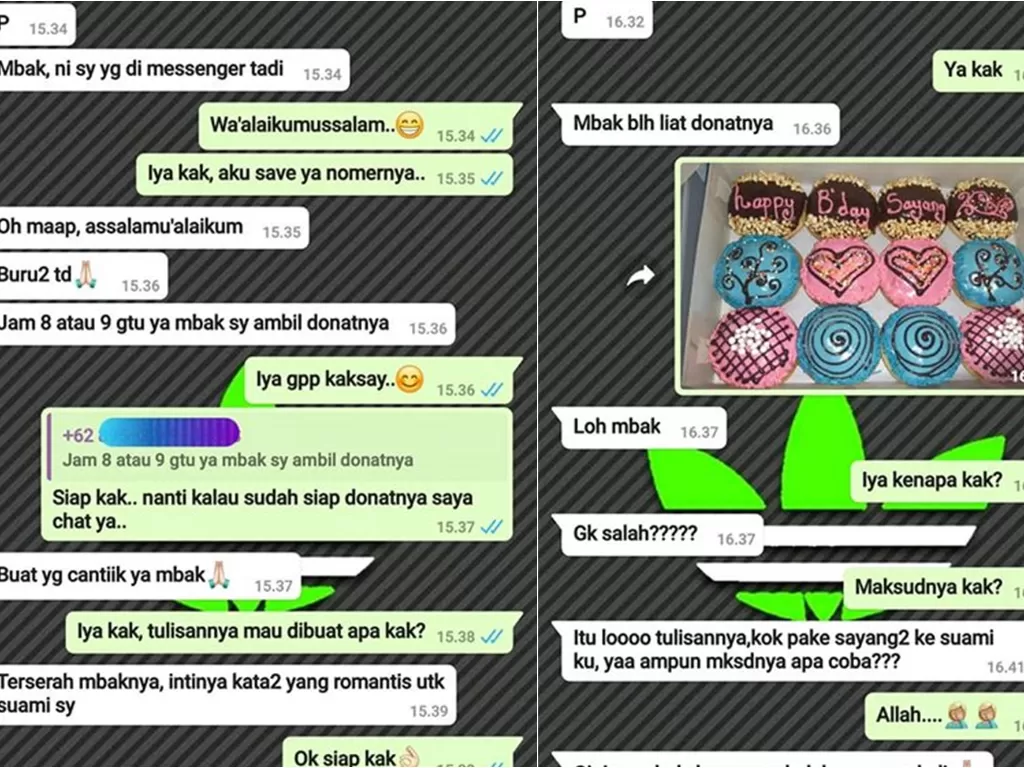 Screenshoot percakapan penjual donat dengan pembeli yang tulalit. (Facebook/Devi Yani Wardana)