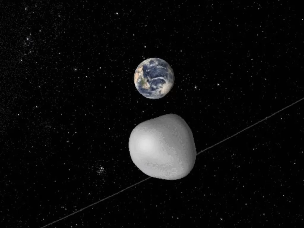 Animasi yang menggambarkan pelintasan aman asteroid melewati bawah Bumi pada 12 Oktober 2017. (Photo/NASA/JPL-Caltech)