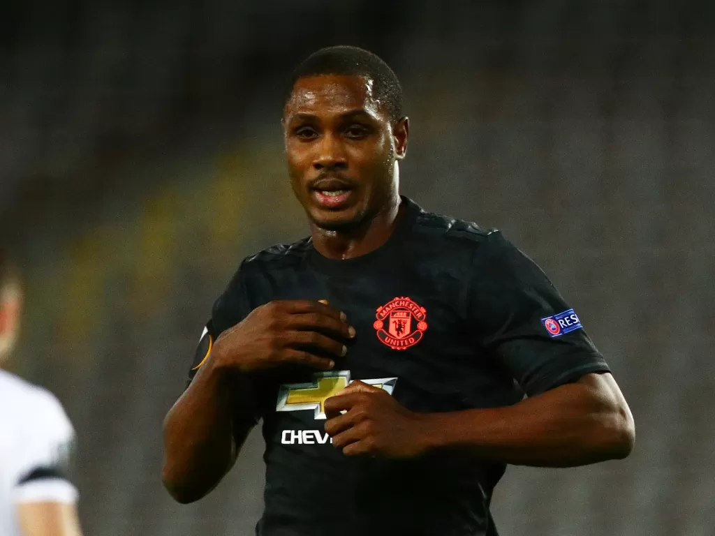 Penyerang Manchester United, Odion Ighalo melakukan selebrasi saat melawan Lask di Europa League.  (REUTERS/Lisi Niesner)