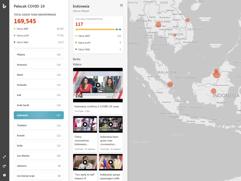 Peta penyebaran virus corona di Indonesia (photo/Screenshot/Bing)