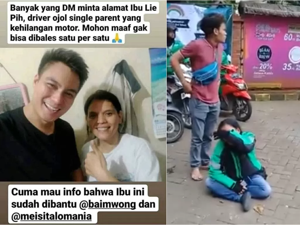 Kiri: Driver ojol wanita yang kehilangan  motor saat bertemu dengan Baim Wong. Kanan: Potret driver ojol wanita saat kehilangan motornya.(Facebook/Yuni Rusmini)