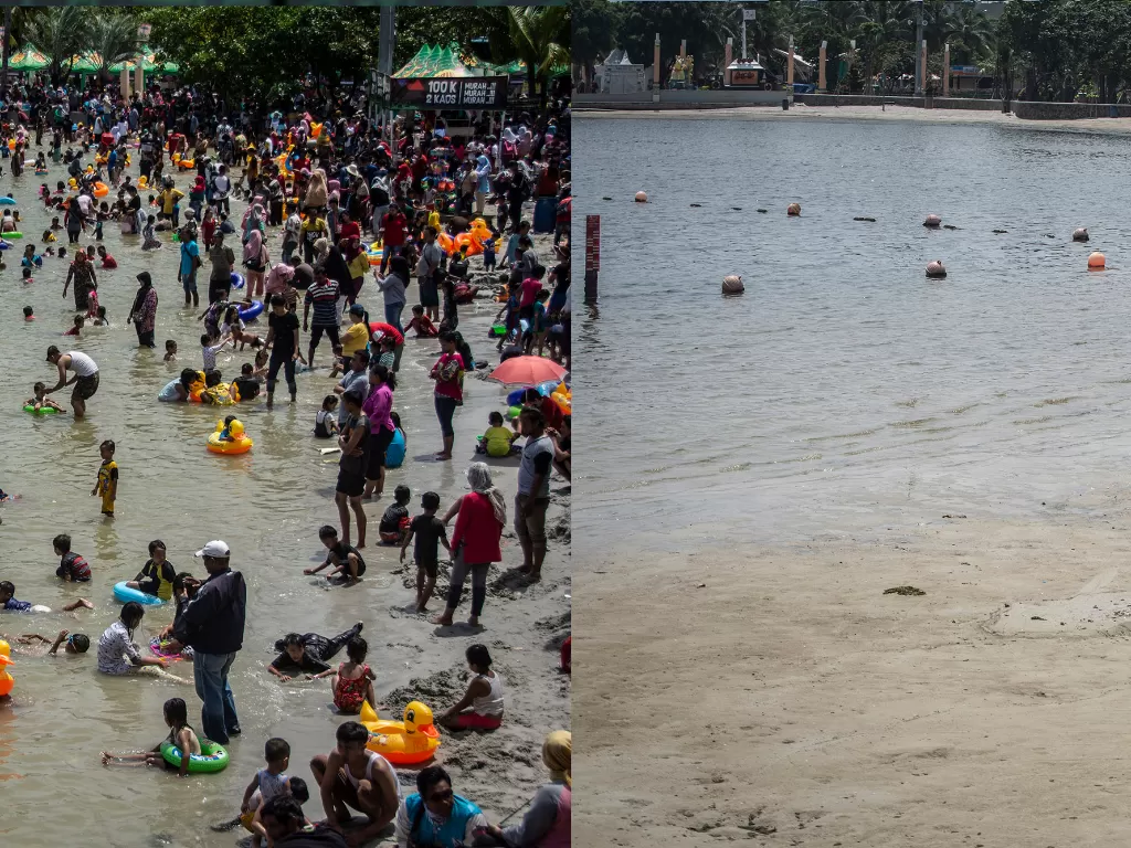 Foto kombo sejumlah wisatawan memadati kawasan Pantai Lagoon sebelum ditutup (kiri) dan suasana sesudah ditutup (kanan) di Ancol, Jakarta, Minggu (15/3/2020). (ANTARA FOTO/Aprillio Akbar)