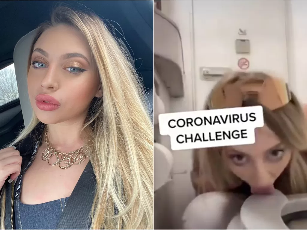 Kiri: Influencer yang lakukan challenge menjijikkan (instagram/@avalouiise). Kanan: Aksi Ava saat lakukan coronavirus challenge (TikTok)