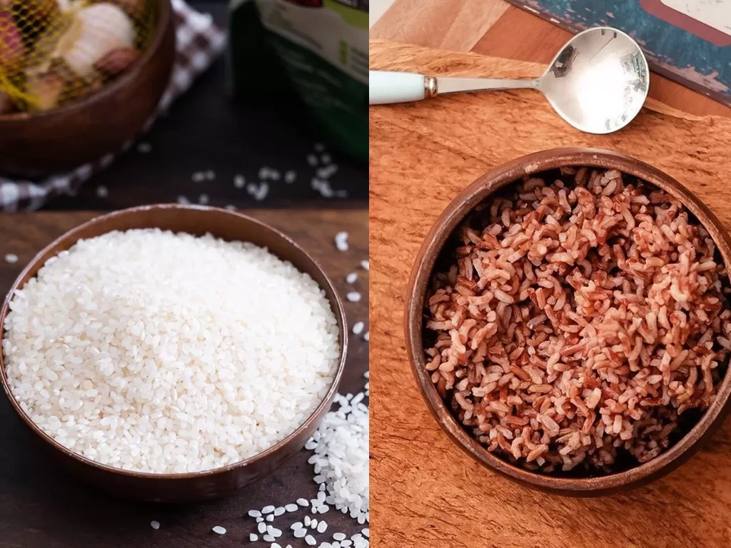 Ilustrasi beras putih dan beras merah. (Instagram/kokokurice)