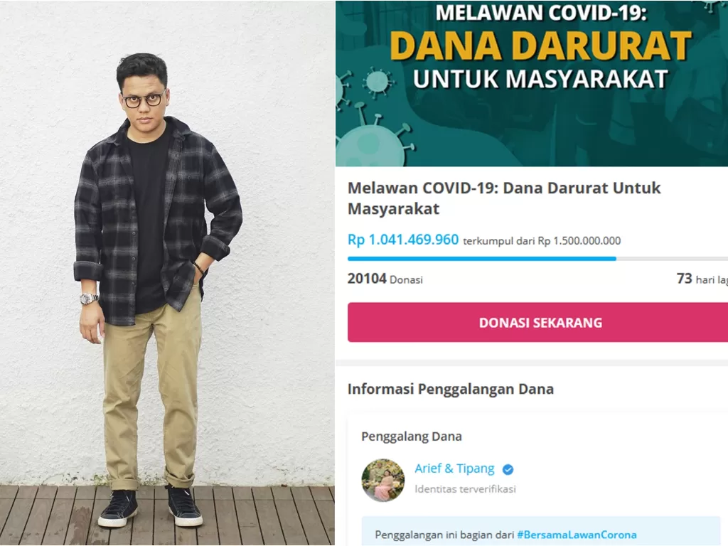 Kiri: YouTuber Arief Muhammad (Instagram/@ariefmuhammad) Kanan: Jumlah donasi yang berhasil dikumpulkan Arief Muhammad( kitabisa.com)