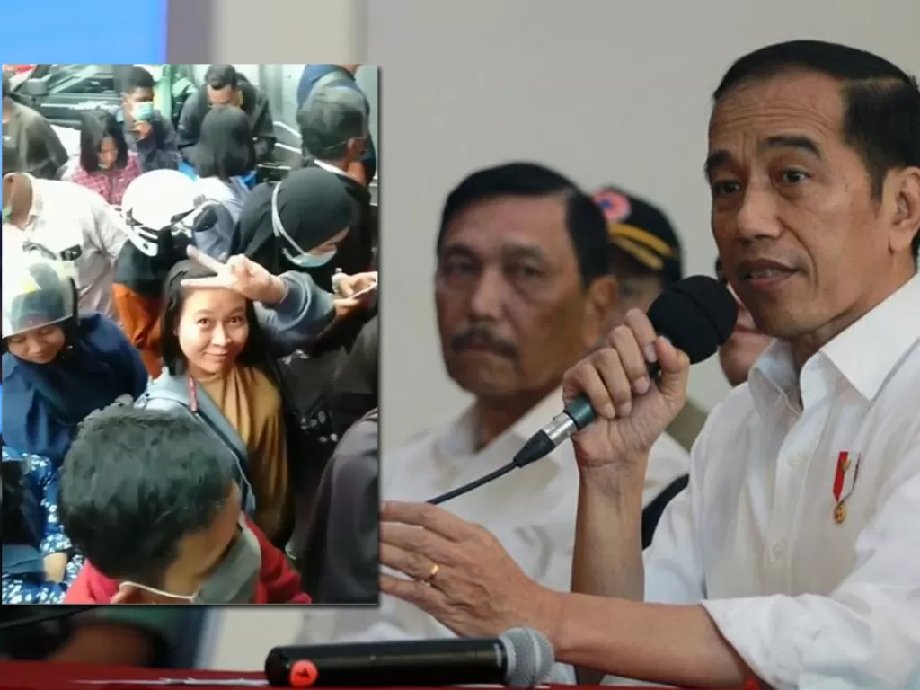 Presiden Joko Widodo memastikan jajaran alat kesehatan cukup, (insert) warga antre di Makassar. (ANTARA FOTO/Muhammad Iqbal/Instagram)