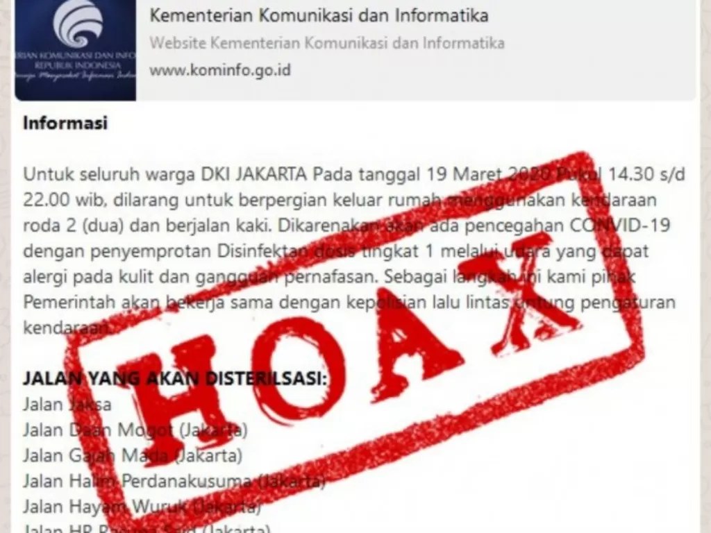 Pesan yang beredar di warga Jakarta, hoaks. (Kominfo.go.id)