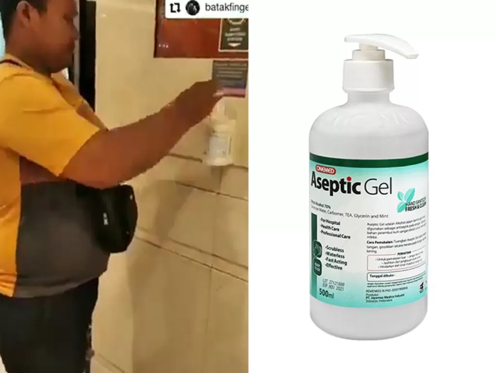Kiri: Screenshot video viral pria menggunakan hand sanitizer (Instagram/@batakfinger) / Kanan: Ilustrasi hand sanitizer (Istimewa)