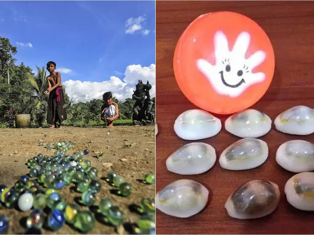 Kiri: Potret anak-anak main gundu (Instagram/@adingkuswara). Kanan: Bola bekel dan kerang (Instagram/@nostalgiaan)