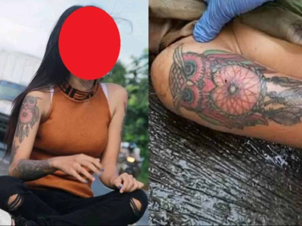 Kanan: Korban, Anjanii Bee saat masih hidup (Facebook/Anjanii Bee) / Kanan: Tatto korban yang memudahkan identifikasi saat pertama kali mayat ditemukan di TKP (Facebook/Dulu Nanang)