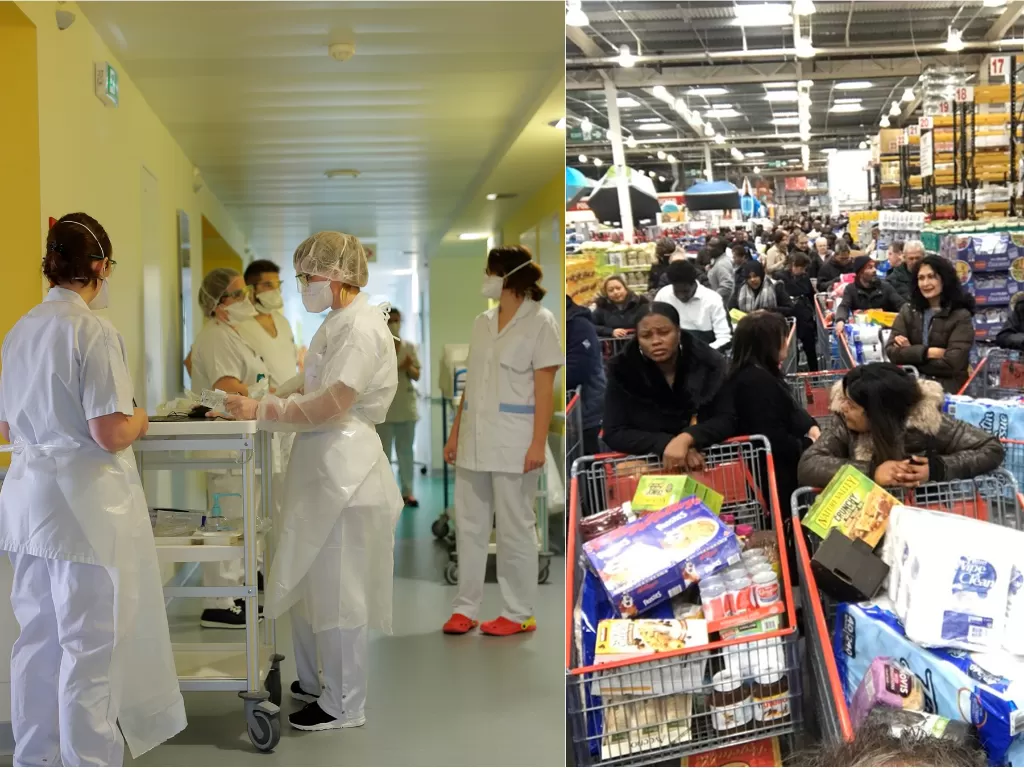 Kiri: Para perawat di sebuah rumah sakit di Prancis (REUTERS/Stephane Mahe) / Kanan: Warga menyerbu sebuah supermarket di London (Ashraf Karim Eddin/via REUTERS)
