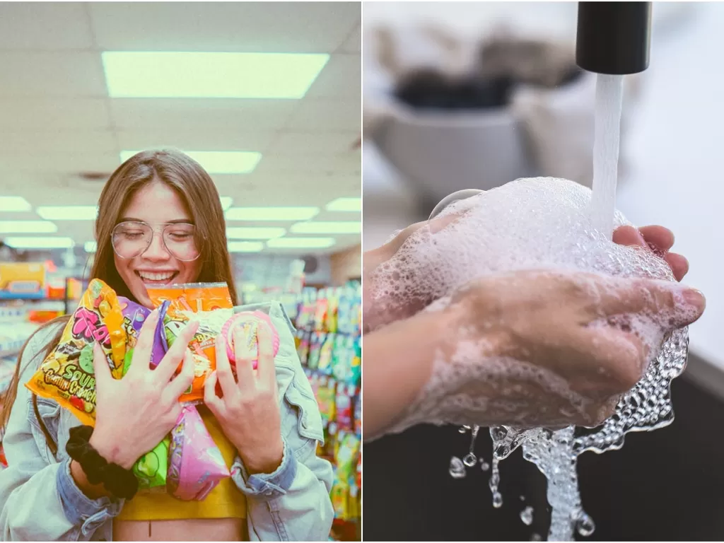 Kiri: Ilustrasi borong belanjaan (Unsplash/@byfoul). Kanan: Orang mencuci tangan dengan sabun (Pexels/Burst)
