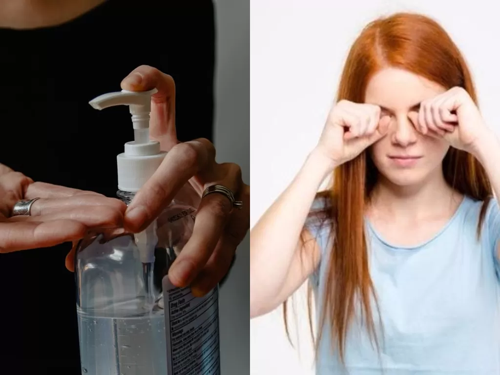 Kanan: Ilustrasi penggunaan hand sanitizer (Unsplash)/ Kiri: ilustrasi mengucek mata. (Lybrate)