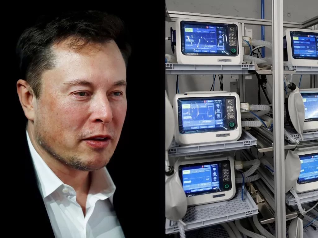 Kiri: Elon Musk. (Photo/REUTERS/Hannibal Hanschke) Kanan: Ilustrasi Ventilator. (photo/REUTERS/Arnd Wiegmann)