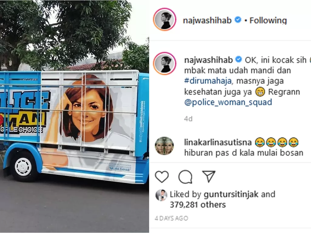 Respon kocak Najwa Shihab saat wajahnya terpampang di bak truk. (Instagram/@najwashihab)