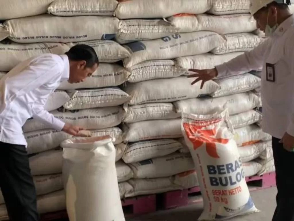 Presiden Joko Widodo memeriksa beras di Gudang Bulog, Kelapa Gading, Jakarta Utara. (BPMI Setpres)