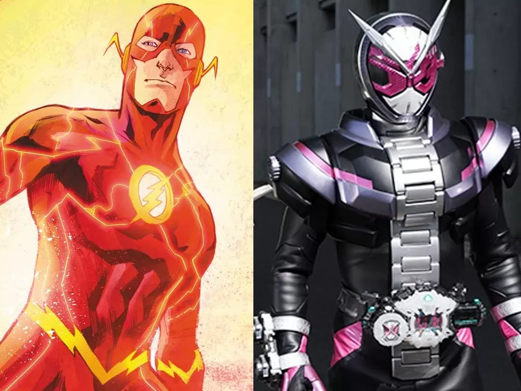 kiri: The Flash (dccomics) mewakili superhero Amerika, kanan: Kamen Rider Zi-O mewakili superhero Jepang (IMDB)