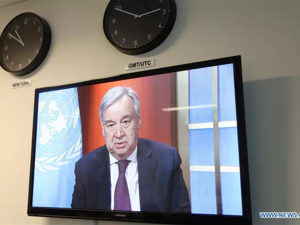 Sekjen PBB Antonio Guterres dalam video conference, Rabu (25/3/2020). (XINHUANET/Xie E)
