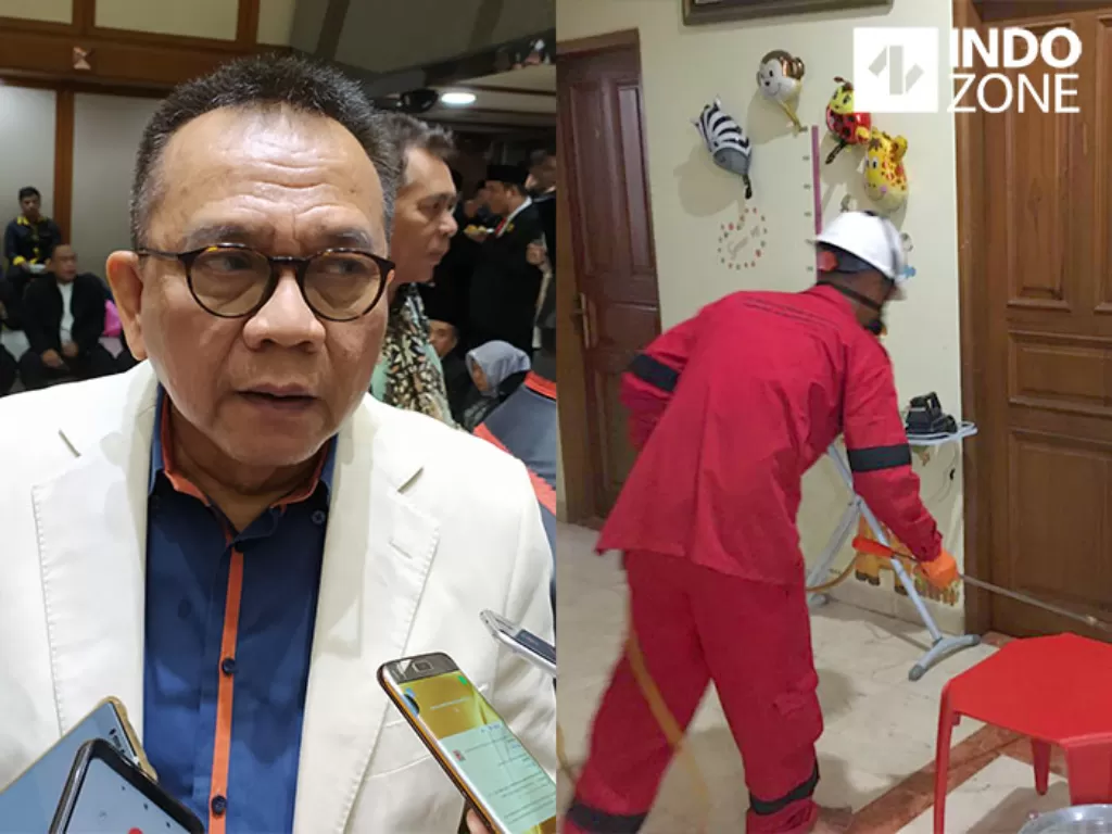 Wakil Ketua DPRD DKI Jakarta Muhammad Taufik (Kiri: INDOZONE/ Murti Ali) / Petugas menyemprotkan cairan disinfektan di rumah warga di kawasan Condet, Jakarta Timur. (Kanan: INDOZONE/Fahmy Fotaleno)