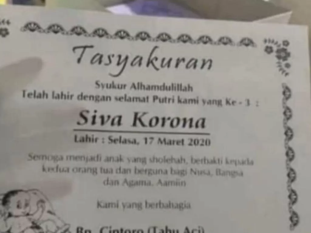 Seorang bocah diberi nama Siva Korona. (Twitter/@oinkbundell)