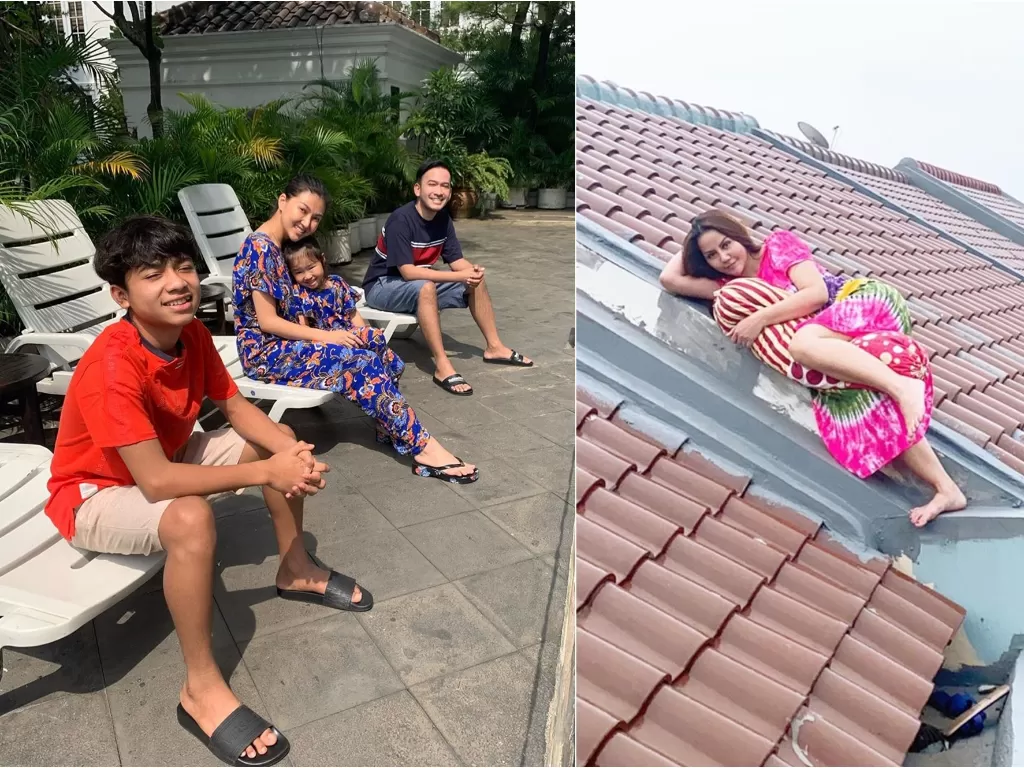 Kiri: Ruben Onsu dan keluarga saat berjemur (Instagram/@ruben_onsu). Kanan: Nita Talia saat berjemur di depan rumahnya (Instagram/@nitatalia.real)