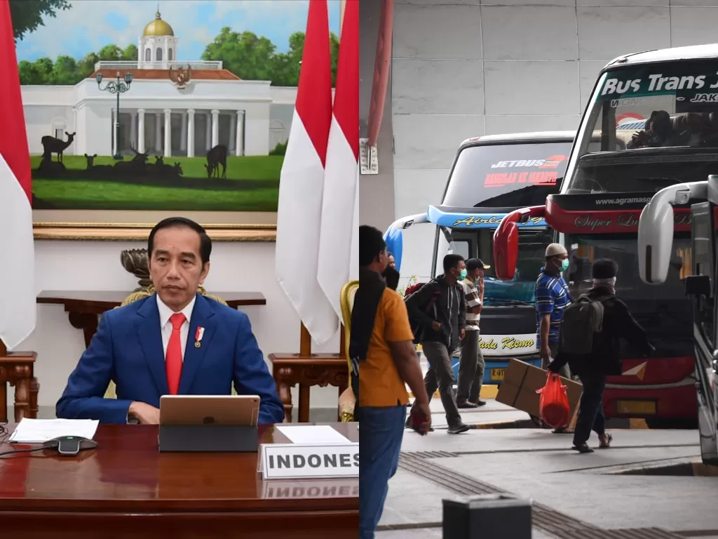 Kiri: Presiden Jokowi. (Biro Pers Sekretariat Presiden) / Kanan: Calon penumpang bersiap menaiki bus Antar Kota Antar Provinsi di Terminal Pulo Gebang, Jakarta, Minggu (29/3/2020). (ANTARA/Indrianto Eko Suwarso)