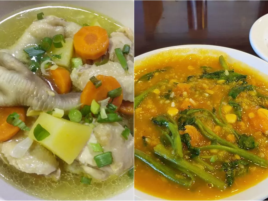 Kiri: Ilustrasi sup ayam (Instagram/@mamatisya). Kanan: Ilustrasi bubur Manado (Instagram/@landxplorer)